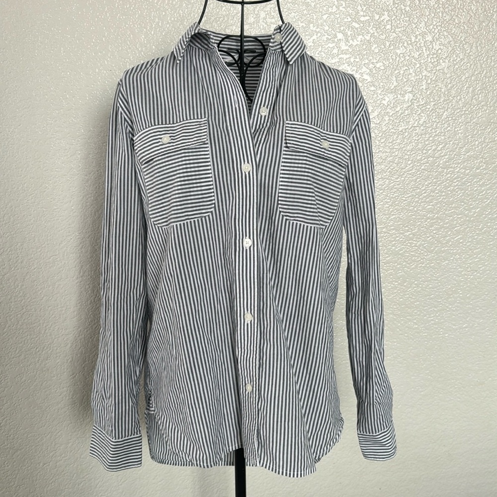 Athleta Blue and White Striped Button Down Shirt